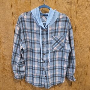Hodded Flannel Button Down Top Size Large